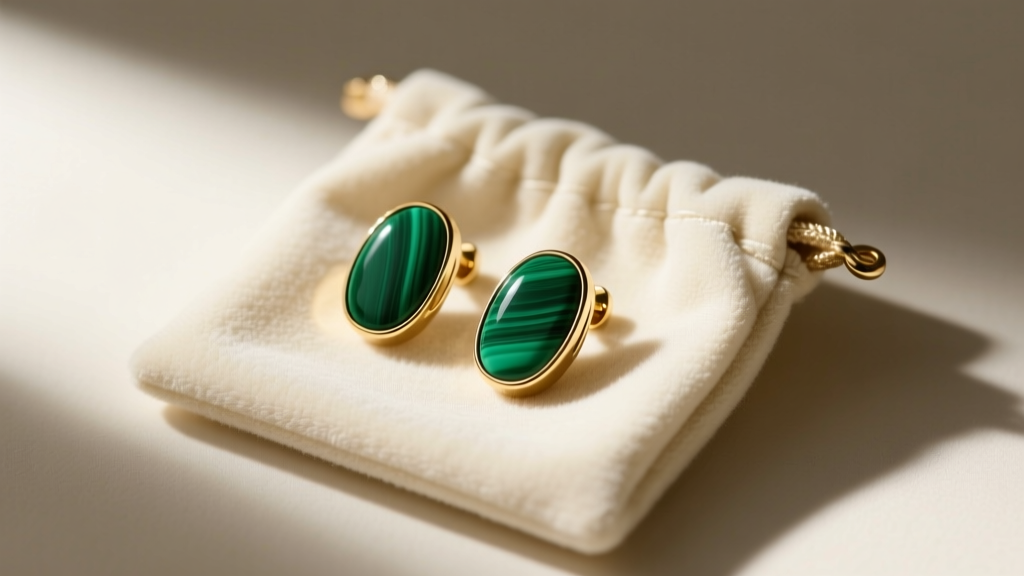 Green malachite inlay Pomellato Iconica earrings resting safely inside a plush, cream-colored microfiber jewelry storage pouch.