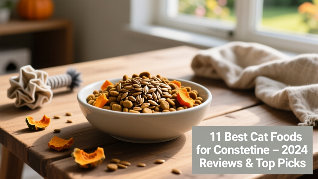 Bowl of kibble with visible fiber-rich ingredients like flaxseeds and dried pumpkin pieces