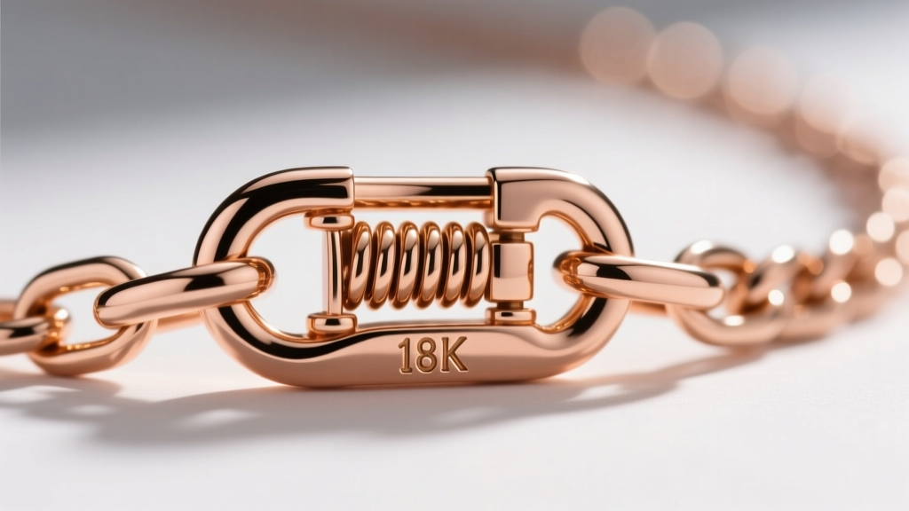 Macro photography of a secure lobster clasp on a 1.5mm 18k rose gold cable chain, highlighting the spring mechanism and hallmark.