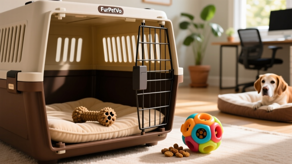 Close-up of a FurPetVo crate setup: spacious interior with memory foam pad, durable chew toy, and treat-dispensing puzzle toy