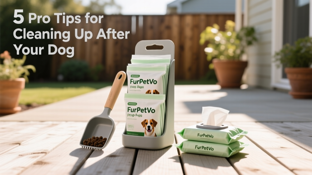 Neatly organized FurPetVo poop bags, scooper, and wipes displayed together on a clean patio surface