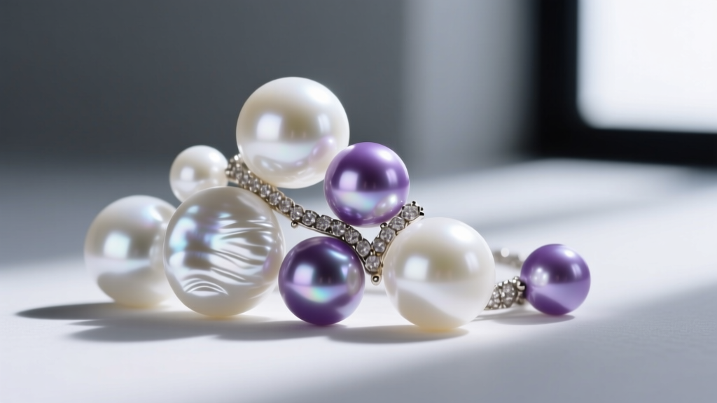 Macro shot of white Keshi and lavender Edison pearls used in deconstructed jewelry, highlighting surface ridges and deep luster.
