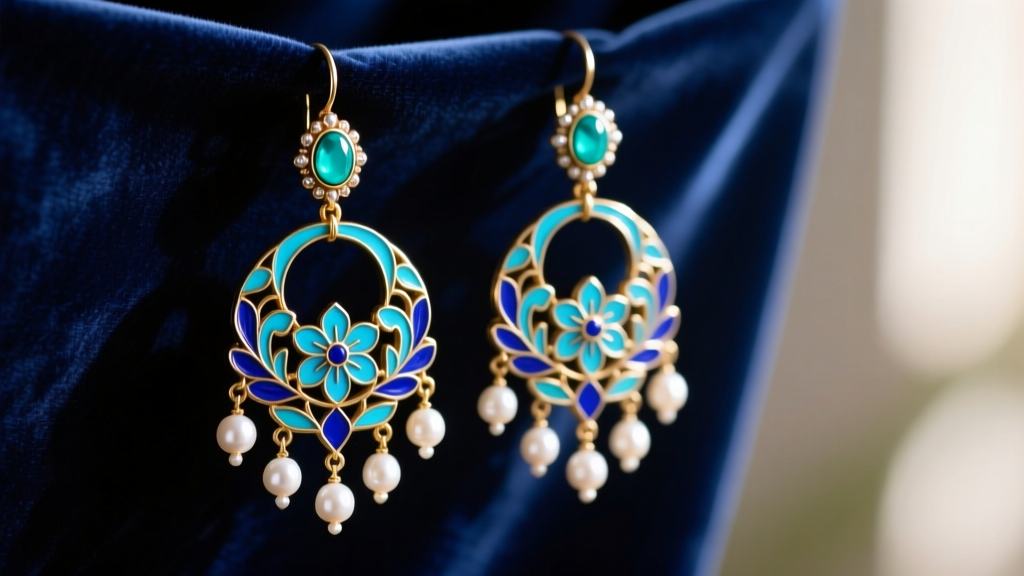 Ornate Kashmiri jhumka earrings with vibrant blue Meenakari enamel, turquoise cabochons, and pearl drops on velvet.