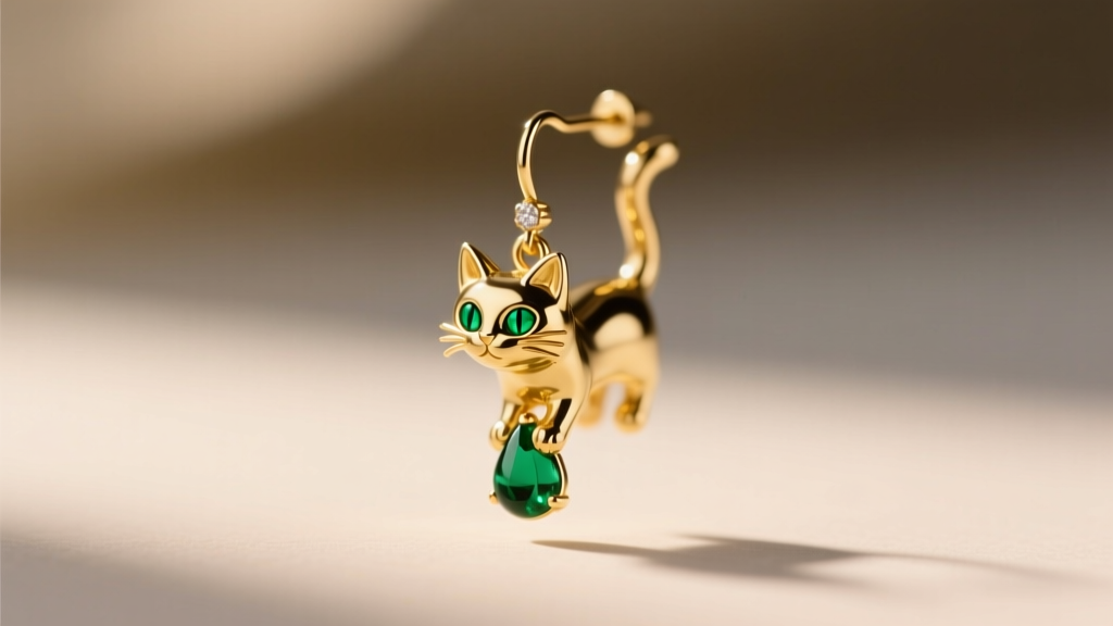 Drop earring featuring a dangling gold cat charm with emerald eyes, swaying against a blurred backdrop to show motion and weight.