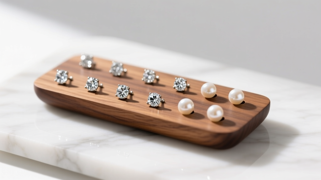 Top-down view of a walnut wood DIY stud earring holder on marble, populated with diamond and pearl studs in soft light.