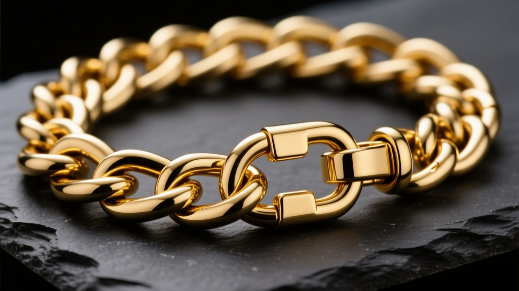 Macro shot of a thick 18k gold curb chain on dark slate, highlighting interlocking soldered links and a heavy-duty lobster clasp