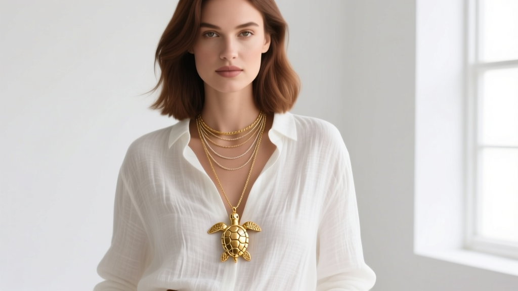 Woman wearing a layered necklace stack with a gold sea turtle pendant on an 18-inch cable chain over a white linen shirt.