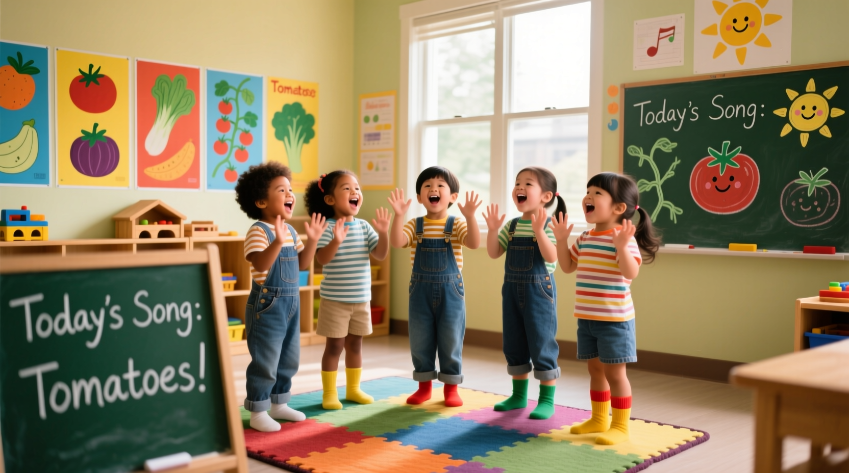 Children singing tomato song in preschool classroom