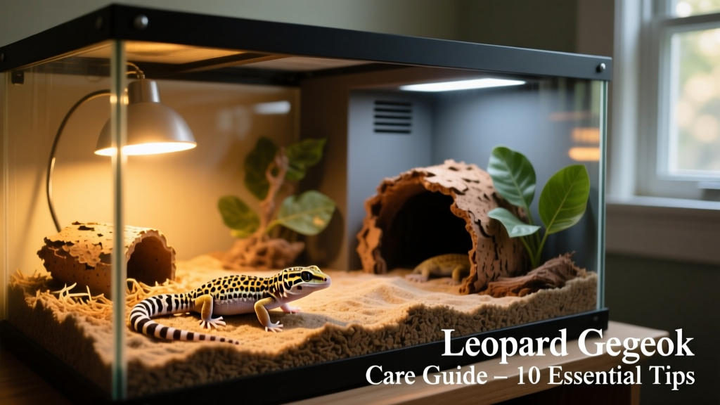 Side view of a leopard gecko enclosure showing warm basking zone, cool retreat area, hideouts, and substrate