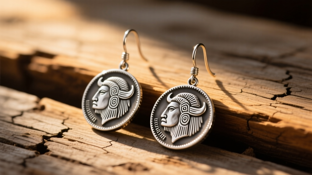Sterling silver buffalo nickel dangle earrings on rustic wood, warm sunlight highlighting the Native American profile relief.