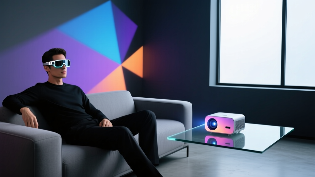 Man relaxing on a modern grey sofa wearing sleek Winx AR glasses while a glowing portable projector illuminates the dark room