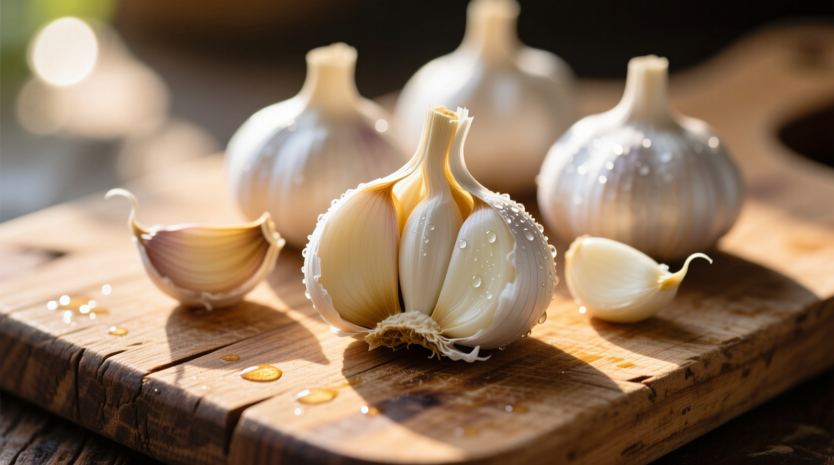 Fresh raw garlic cloves on wooden cutting board