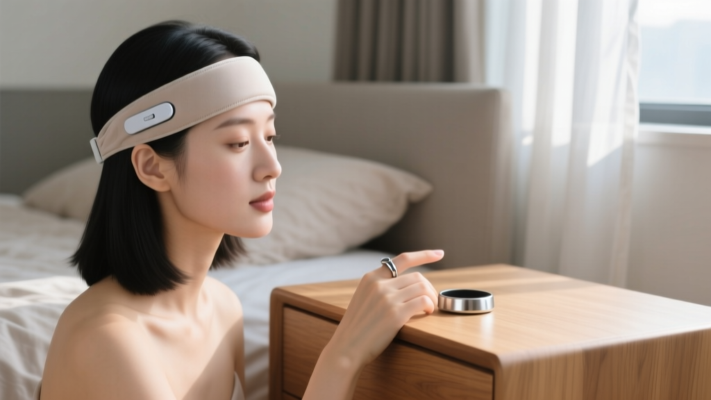 Woman wearing a titanium smart ring on her index finger while adjusting a fabric EEG sleep-tracking headband on a wooden nightstand