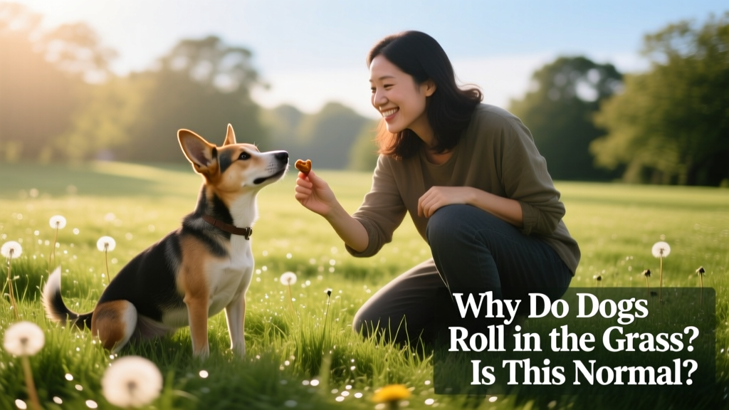 A dog owner crouching playfully beside their dog on a grassy lawn, offering a treat while the dog looks attentively at them