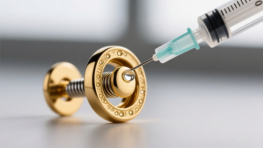 Macro shot of an 18k gold push-button earring clasp with a micro-syringe applying isopropyl alcohol to clean the inner steel spring.