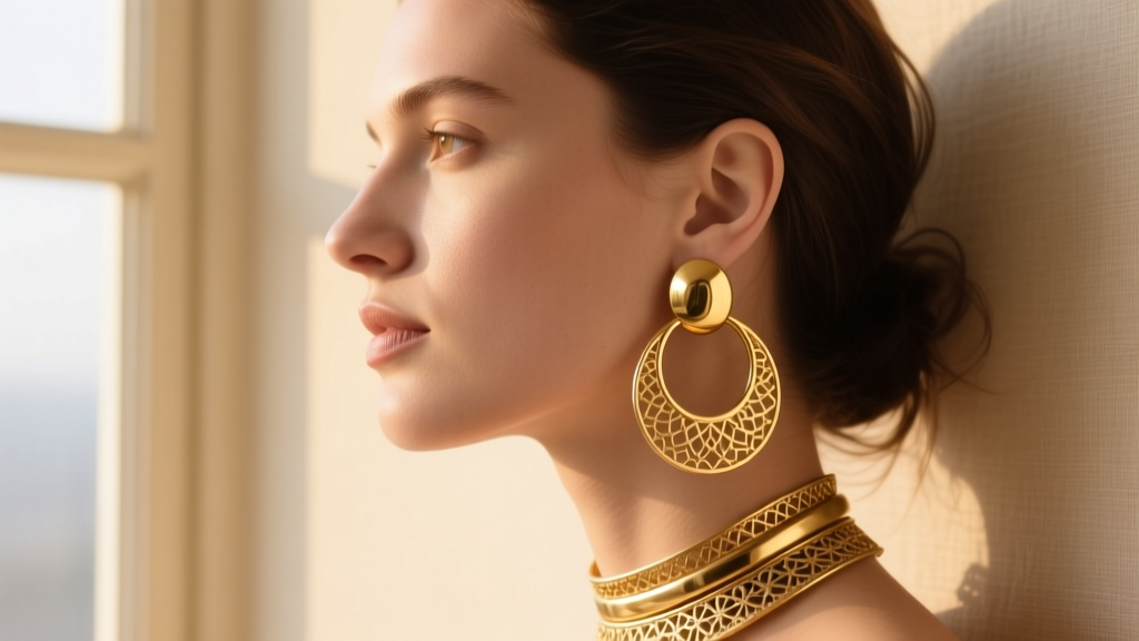 Side profile of a woman with an oval face wearing layered gold boho ear cuffs and a medium hammered gold huggie hoop earring