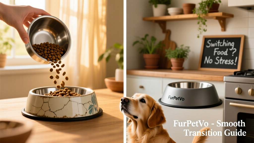 A side-by-side comparison of old and new FurPetVo food bowls, with a gentle hand pouring kibble into a mixing bowl