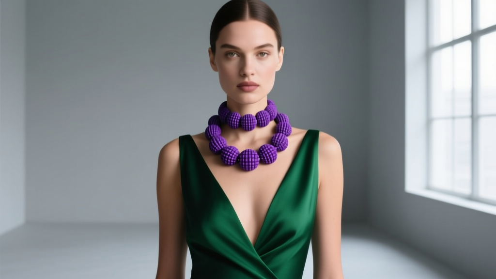 Model wearing a 16-inch choker purple beaded necklace of matte polymer clay with a deep V-neck emerald green evening dress.