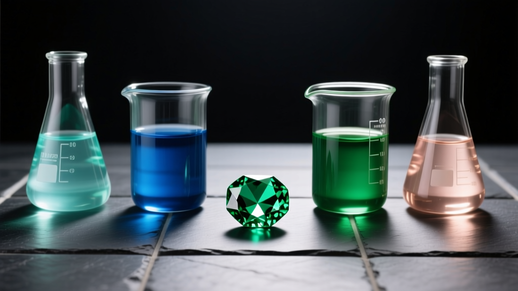 Glass beakers with different liquid jewelry cleaning solutions, placed next to a raw green emerald on a dark slate tile surface.