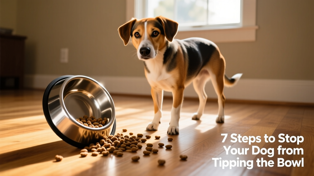 Dog standing beside an overturned stainless steel food bowl with kibble spilled on hardwood floor