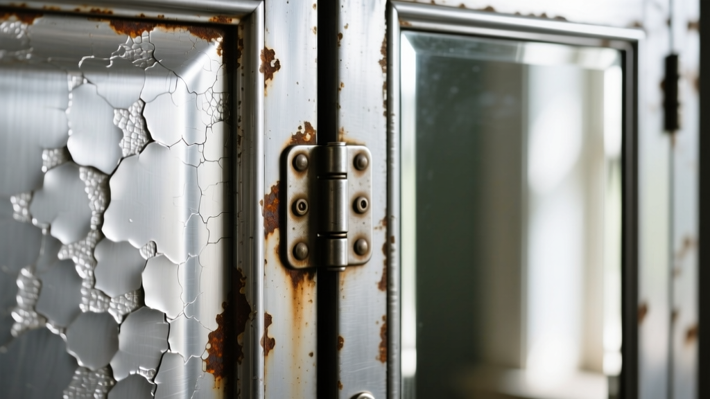 Close-up of a metal hinge and mirror edge on an armoire, revealing the silvered backing and potential desilvering moisture damage.