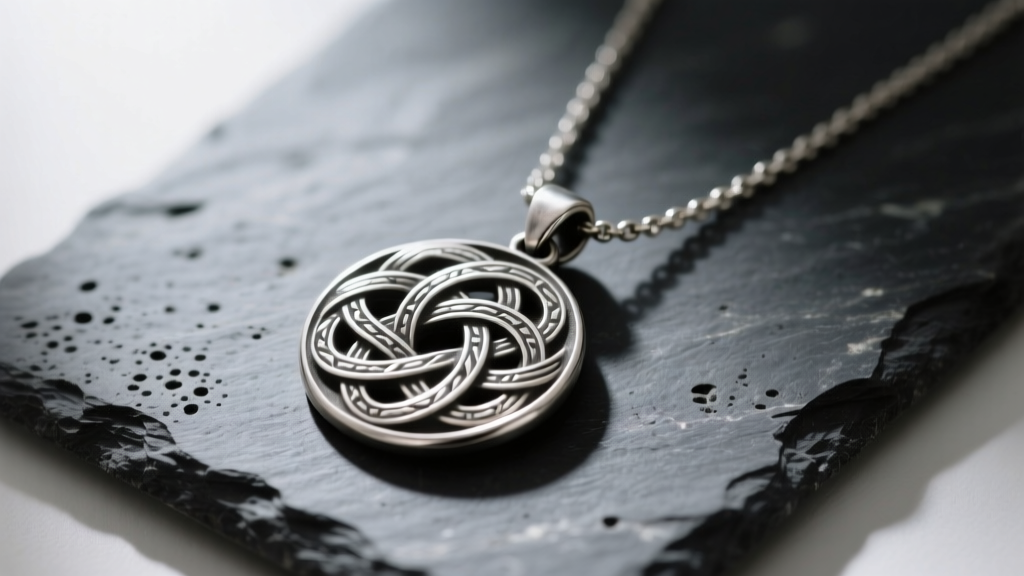 Vintage pewter pendant necklace on dark slate, showing natural gray oxidation and intricate Celtic knot carvings in soft light.