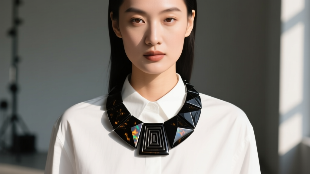 Woman wearing a chunky carved black bakelite necklace over a crisp white shirt, highlighting the contrast and rich vintage patina.