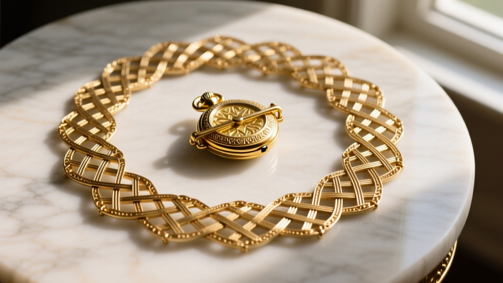 Overhead view of an antique table-work hair watch chain showing complex braided geometric patterns and gold-filled clasp details.