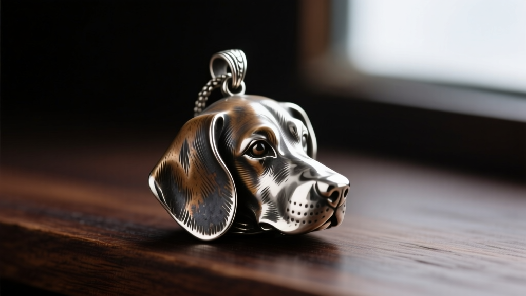 Close-up of a tarnished sterling silver beagle pendant on dark wood, highlighting dark oxidation in the intricate ear crevices.