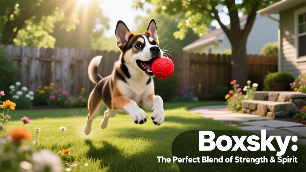 A lively Boxsky puppy playing fetch in a sunlit backyard