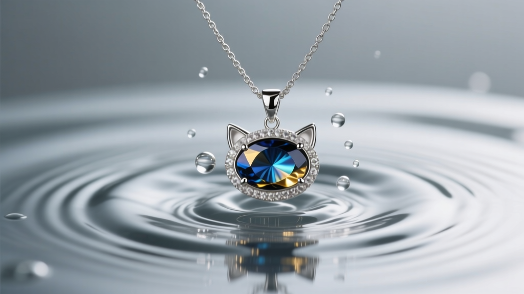 Close-up of an ultrasonic jewelry cleaner vibrating a silver cat eye necklace, with water ripples highlighting the bezel-set stone