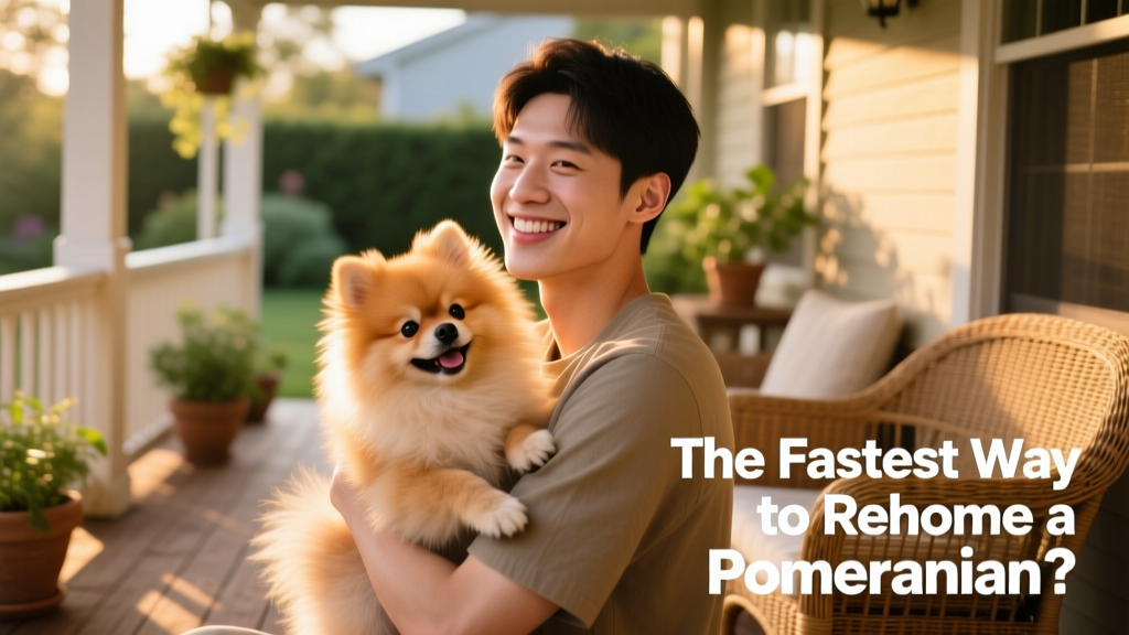 A smiling person gently holding a fluffy Pomeranian on a sunlit porch