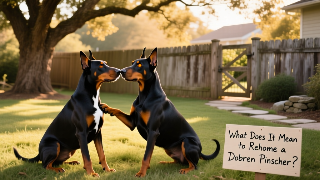 Two Dobermans playing gently together in a fenced backyard with trees and soft grass