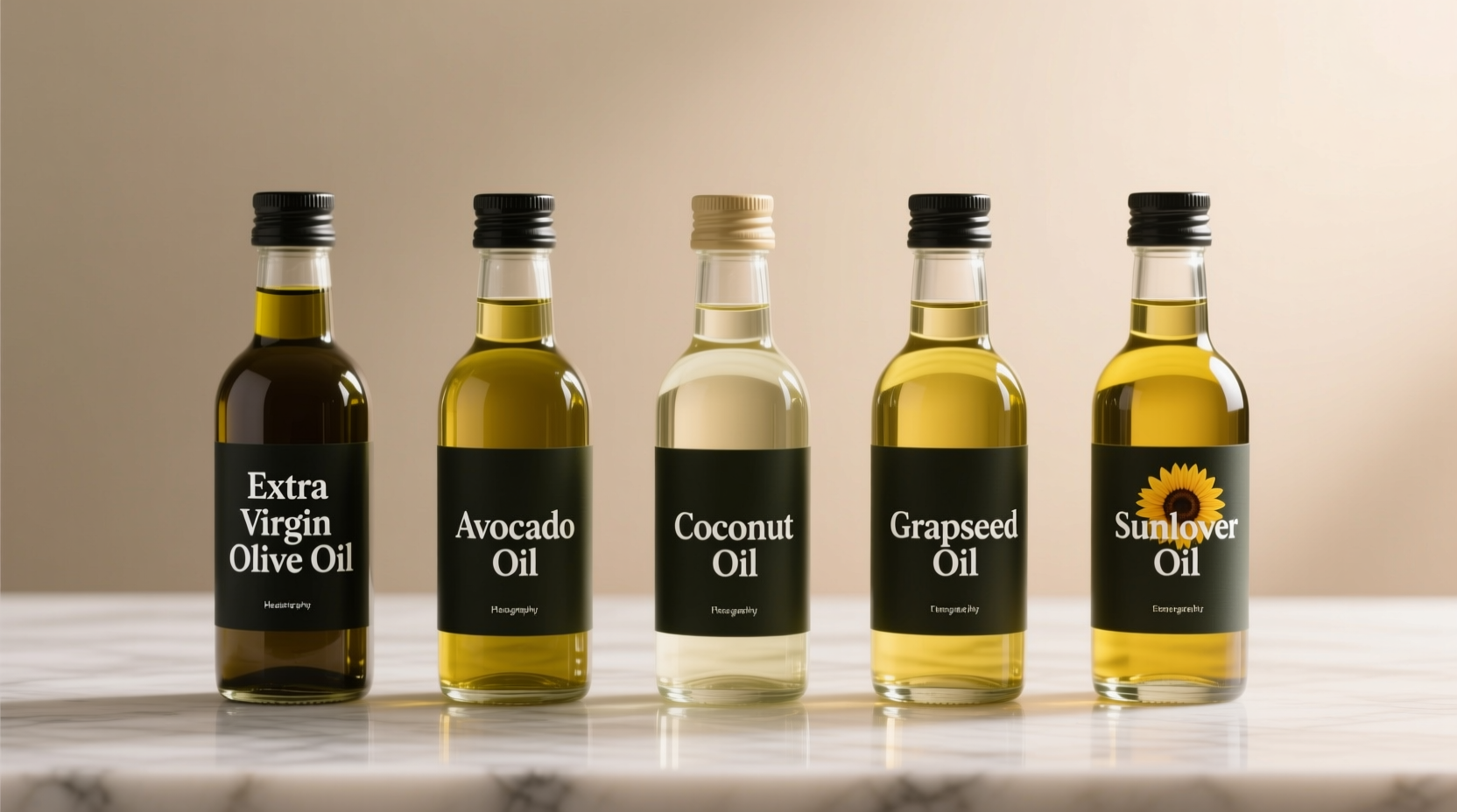 Comparison of healthy cooking oils in glass bottles