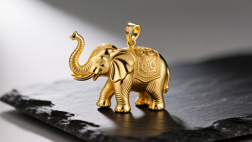 Highly detailed 14k yellow gold elephant pendant with trunk raised, resting on dark slate surface with soft directional lighting
