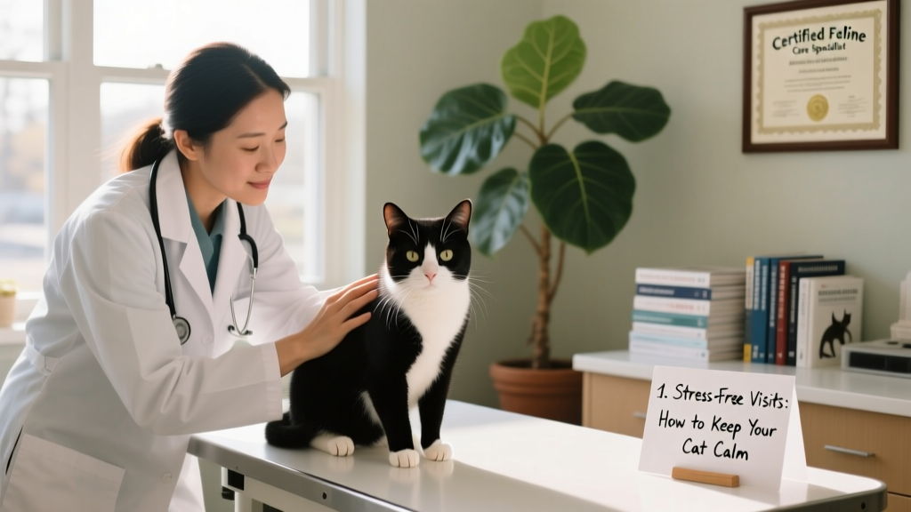 A veterinarian gently examining a calm cat during a wellness checkup