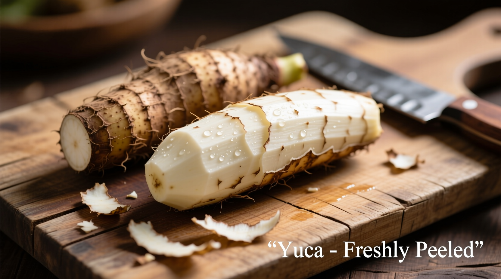 Freshly peeled yuca roots on wooden cutting board