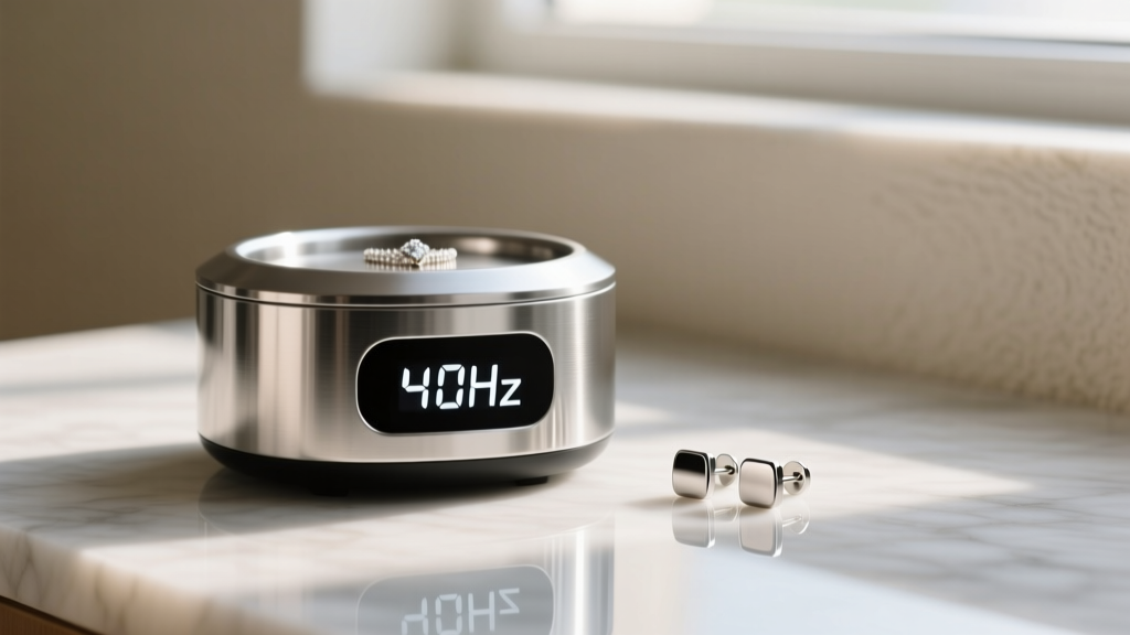 Stainless steel ultrasonic jewelry cleaner showing 40kHz frequency on digital display, next to a pair of titanium stud earrings.