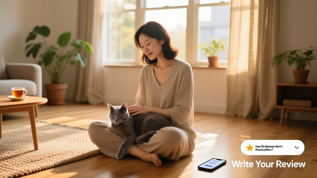 Woman seated on the floor gently stroking a calm gray cat, both relaxed and comfortable in a sunlit living space