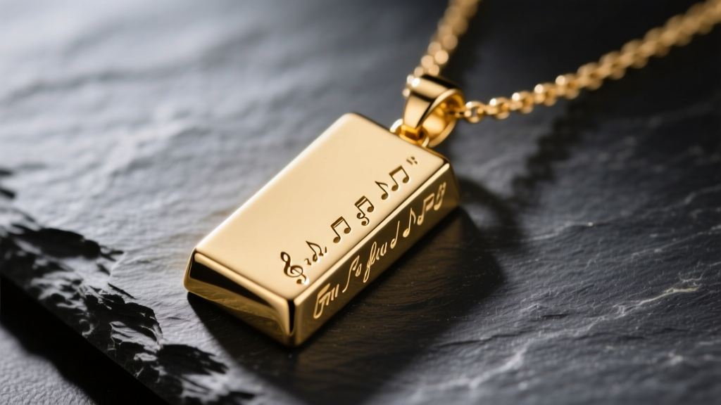 Close-up of a 14k gold bar pendant necklace featuring micro-laser engraved song lyrics, resting on dark slate with soft lighting.