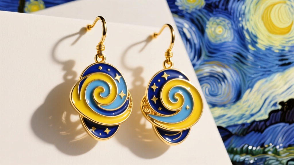 Close-up of gold-plated dangle earrings with intricate blue and yellow cold enamel detailing inspired by the Starry Night artwork.