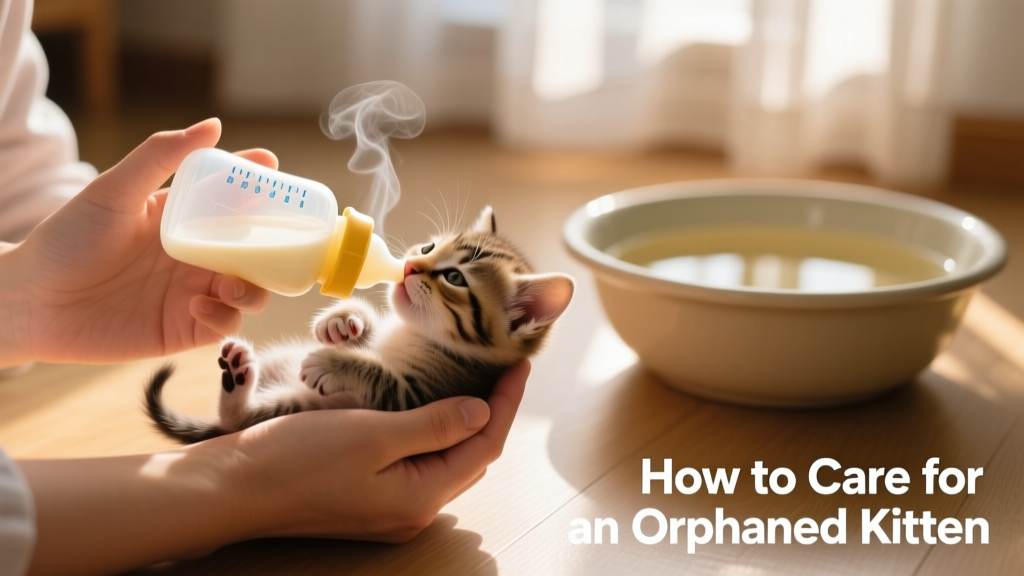 A caregiver gently bottle-feeding a tiny kitten while holding it on its stomach, with formula bottle and warm water bath visible