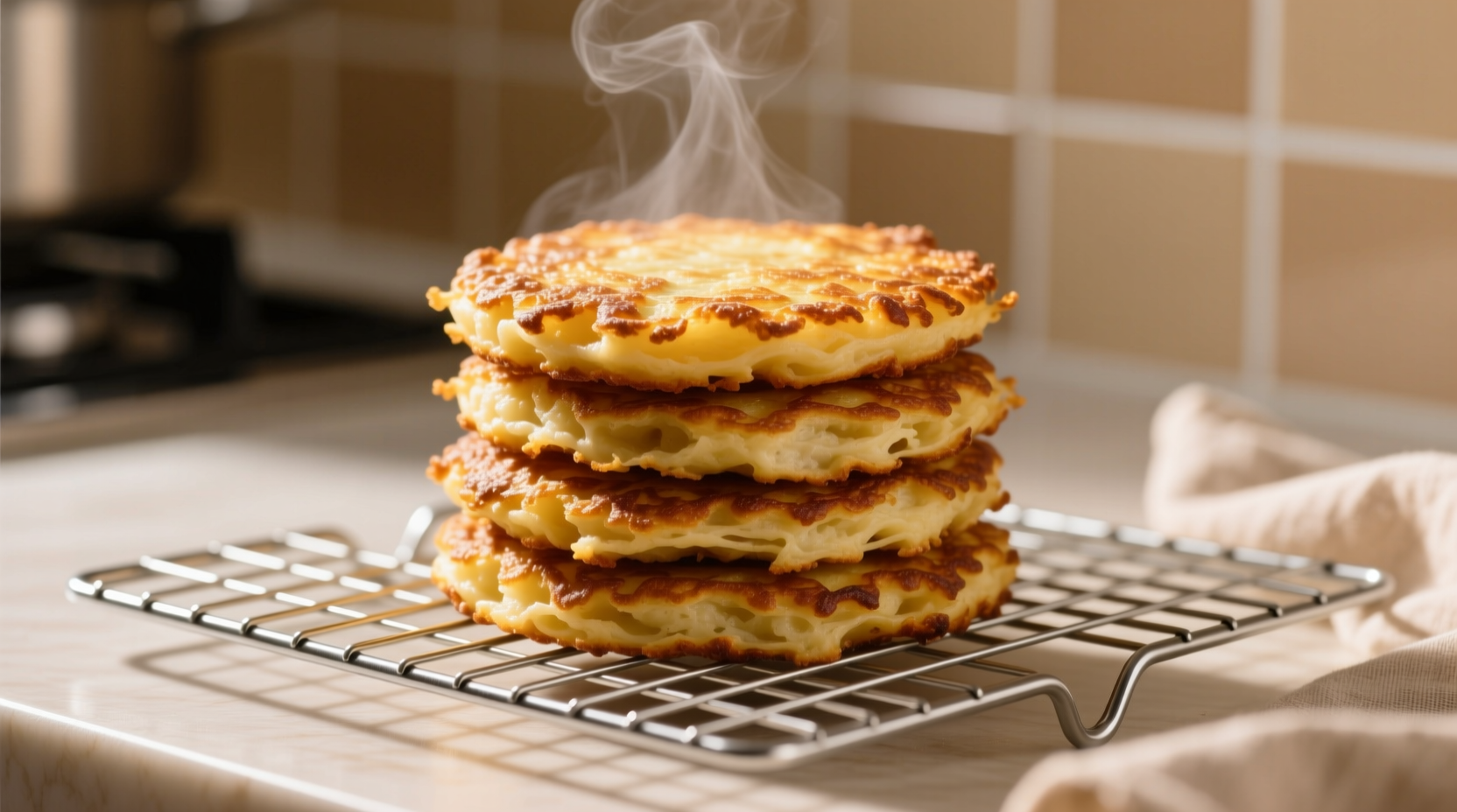 Golden brown potato cakes with crispy edges on wire rack