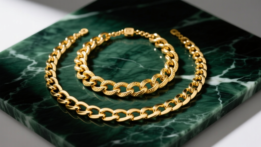 Editorial flat-lay of chunky 18k gold vermeil chain necklaces on dark green marble, illuminated by soft directional studio light