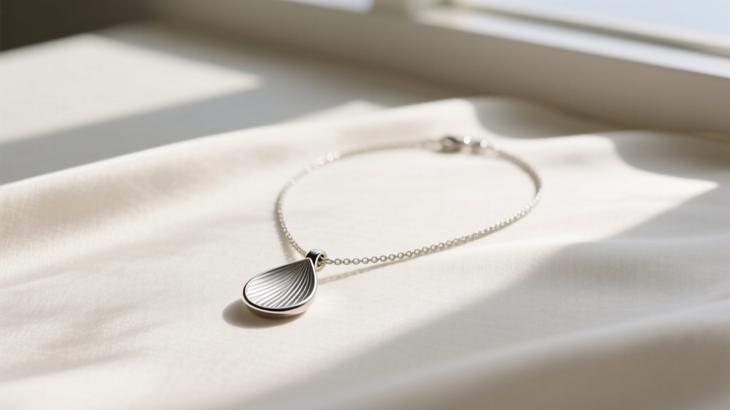 Elegant flat lay of an Ava Ro sterling silver necklace on raw silk, soft light highlighting the brushed metal teardrop pendant.