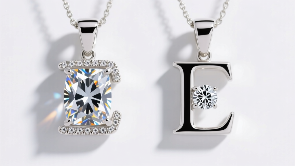 Side-by-side view of natural and lab-grown melee diamonds in a white gold initial pendant, showing identical sparkle and clarity