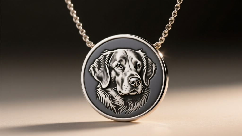 Steel custom necklace with picture showing a laser-engraved dog portrait on dark slate, lit by soft warm directional light