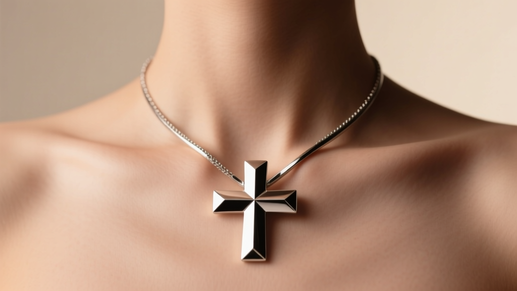Polished steel womens large cross necklace on the collarbone, captured under soft warm directional studio lighting setup