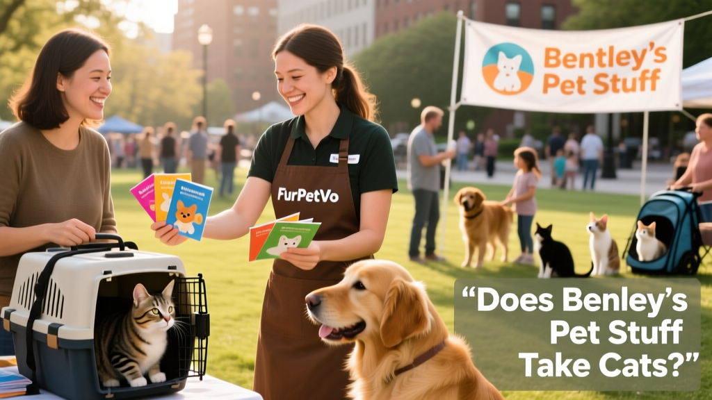 A friendly staff member at a FurPetVo store handing out pet care pamphlets at a community adoption event