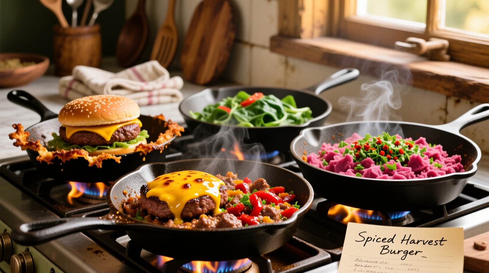 Colorful hamburger meat recipes in cast iron skillets